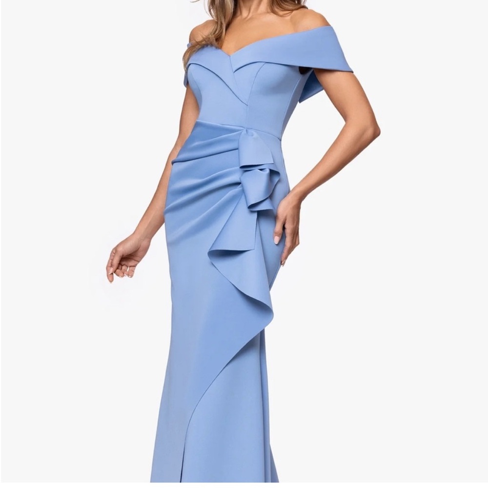 Xscape Off-Shoulder Light Blue Ruffled Maxi Dress - Picture 4 of 9